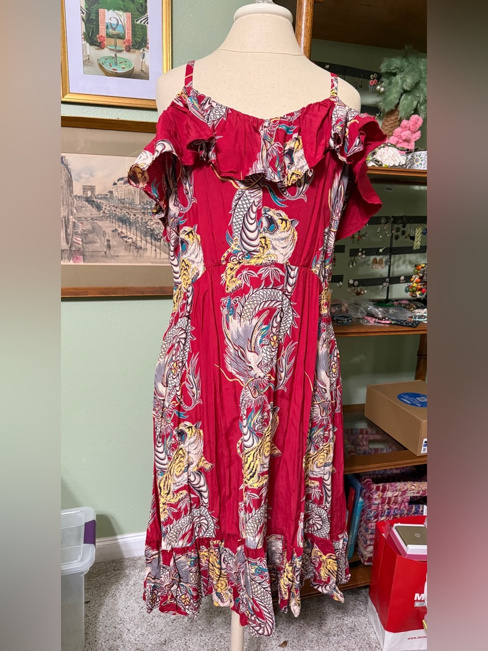 Women's Red Off-Shoulder Dragon & Tiger Print Dress